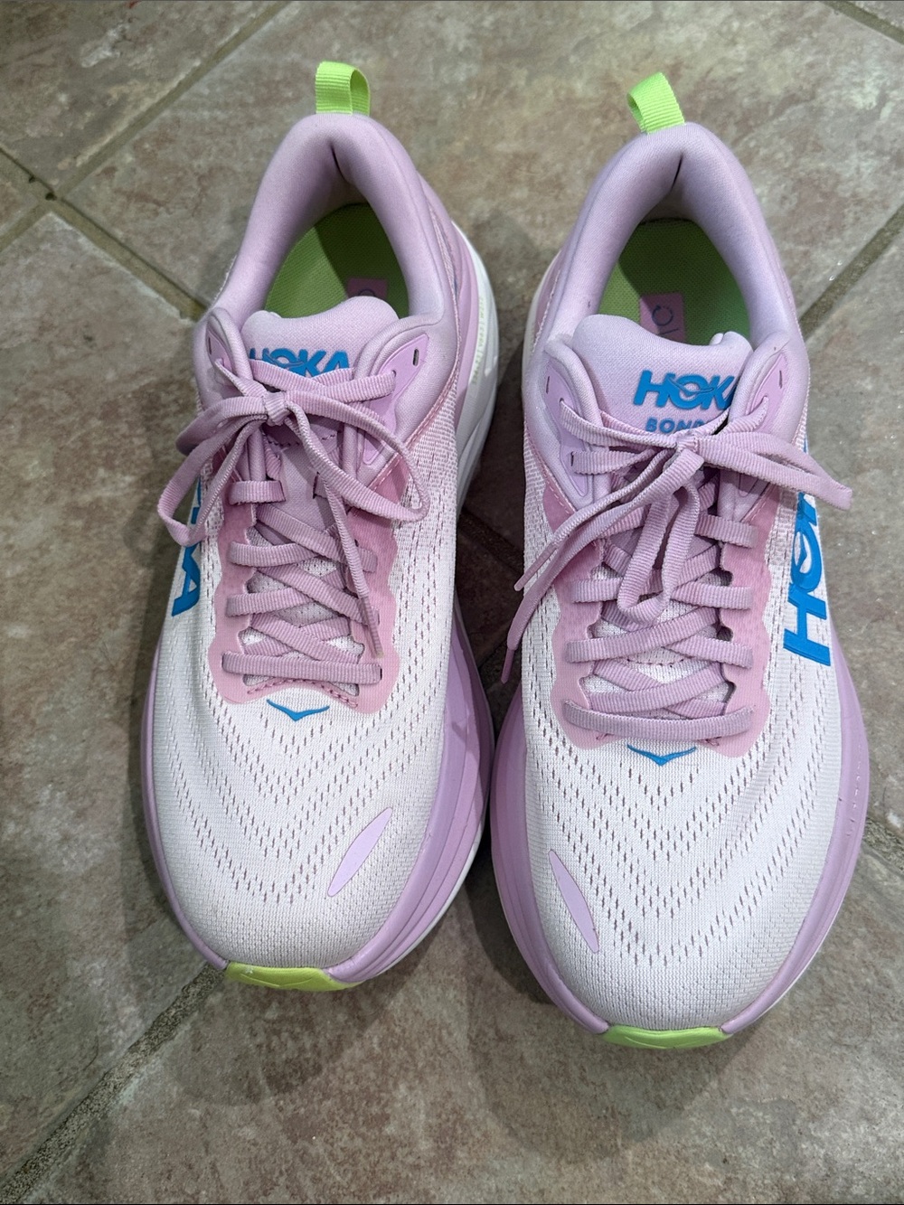 HOKA Bondi 8 Women's Pastel Pink and Lime Running Shoes 10.5